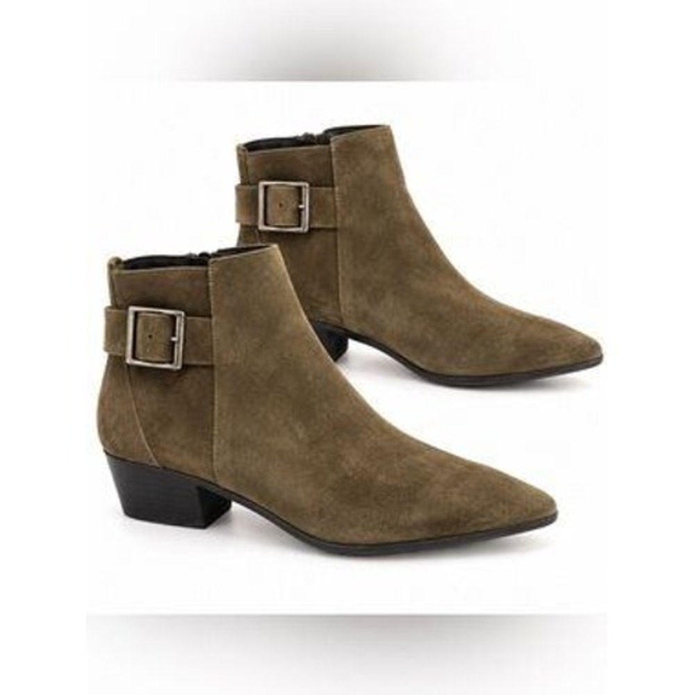 Aquatalia Suede Pointed Toe Ankle Boots Olive Brown Buckle Size 8 Italy